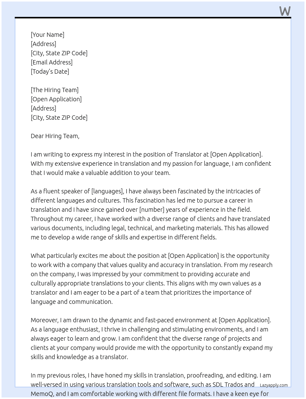 Translator  At Open application  Cover Letter