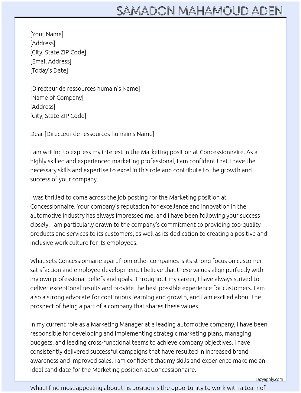 Marketing  At Concessionnaire  Cover Letter