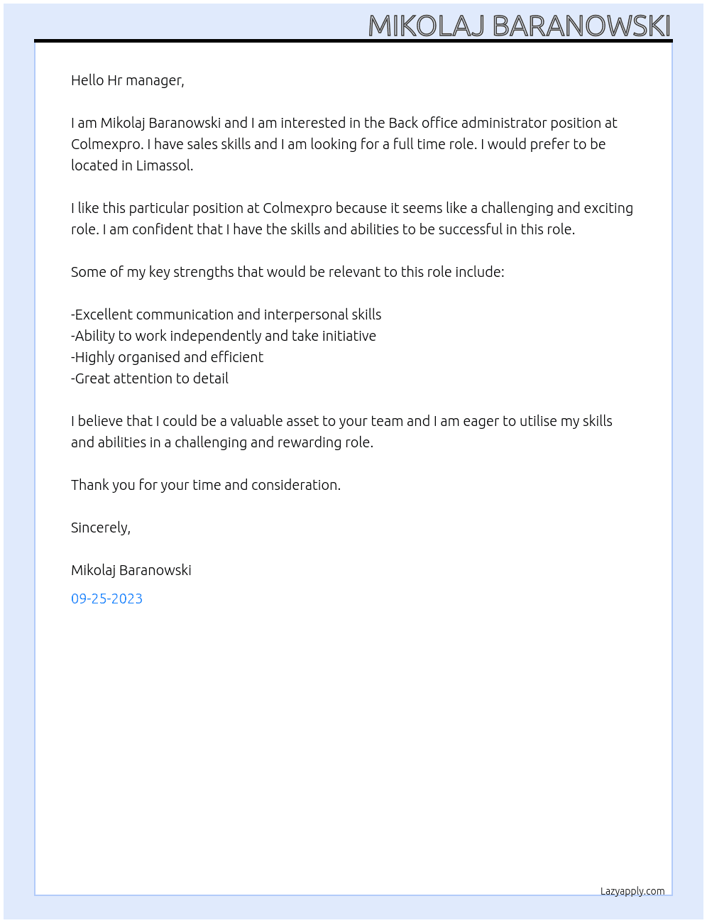 Back office administrator At Colmexpro Cover Letter