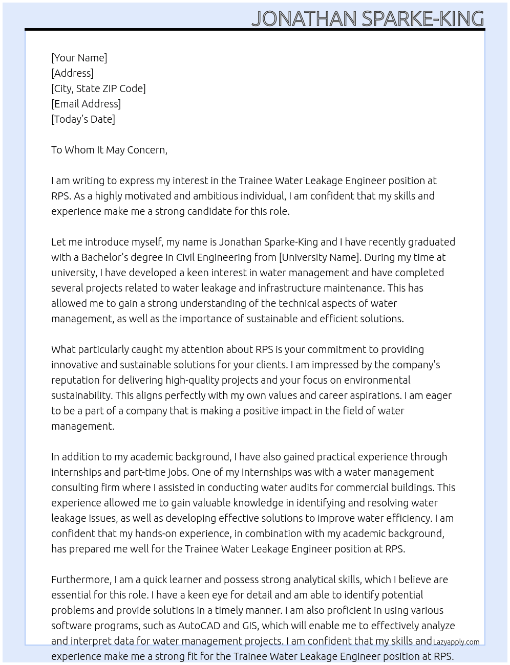 Trainee Water Leakage Engineer At RPS  Cover Letter