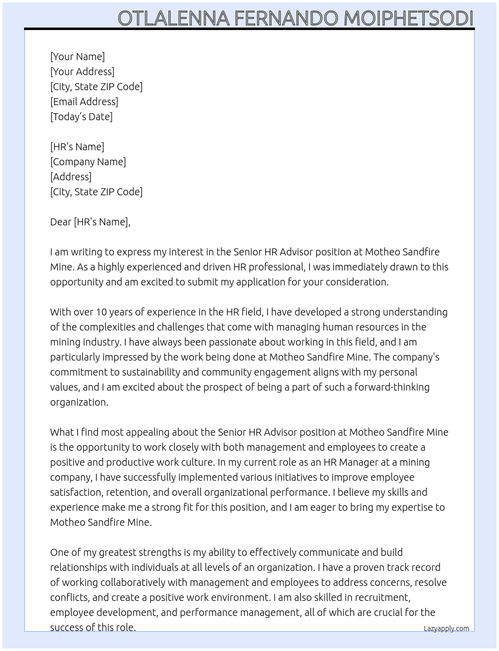Senior HR Advisor At Motheo Sandfire Mine Cover Letter