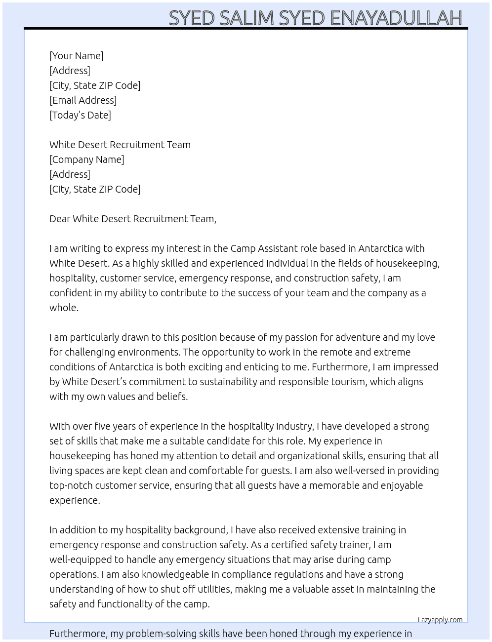 CAMP ASSISTANT ROLE BASED IN ANTARCTICA At White desert  Cover Letter