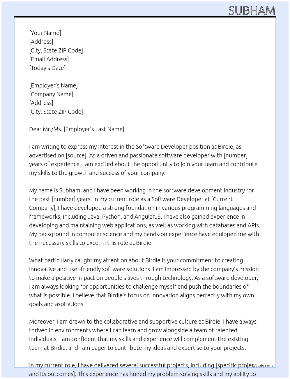 Software Developer At Birdie Cover Letter