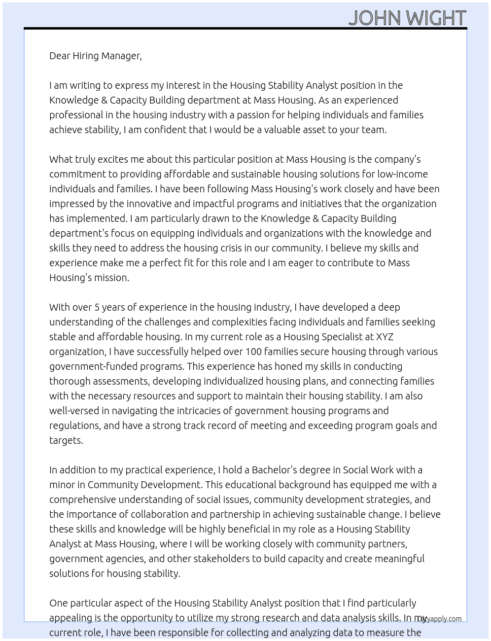Housing Stability Analyst - Knowledge & Capacity Building At Mass Housing Cover Letter
