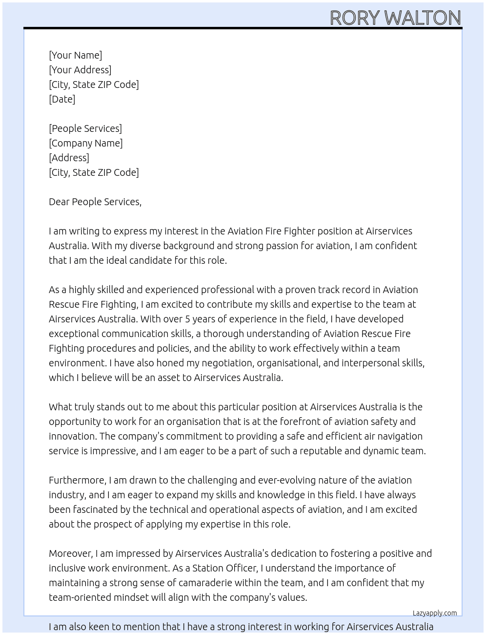 Aviation Fire Fighter At airservices australia Cover Letter