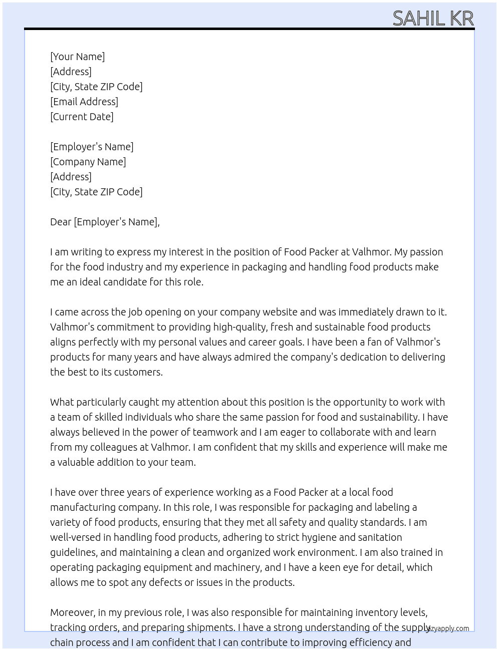 Food packers At Valhmor Cover Letter