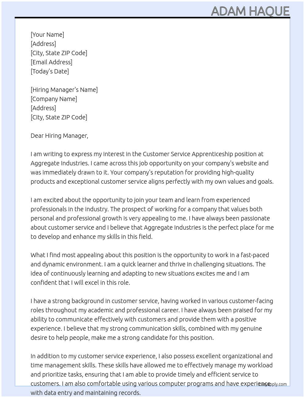 Customer service apprenticeship  At Aggregate Industries Cover Letter