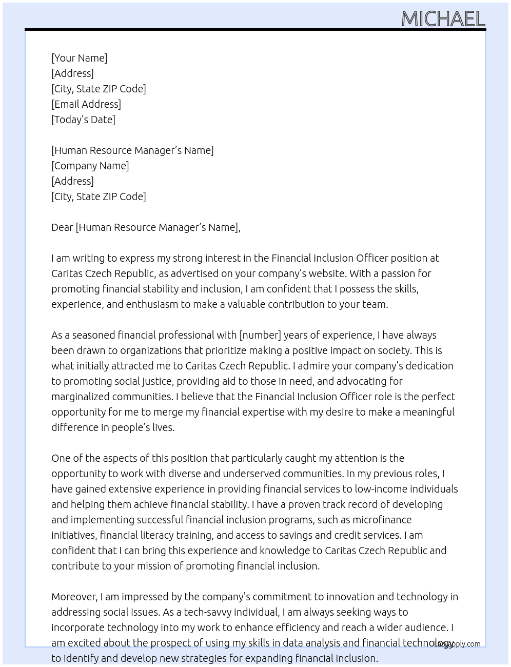 Financial Inclusion Officer At Caritas Czech Republic Cover Letter
