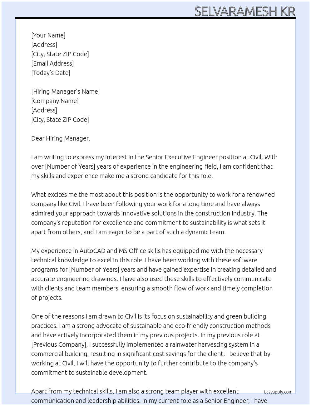 Senior Executive Engineer  At Civil  Cover Letter