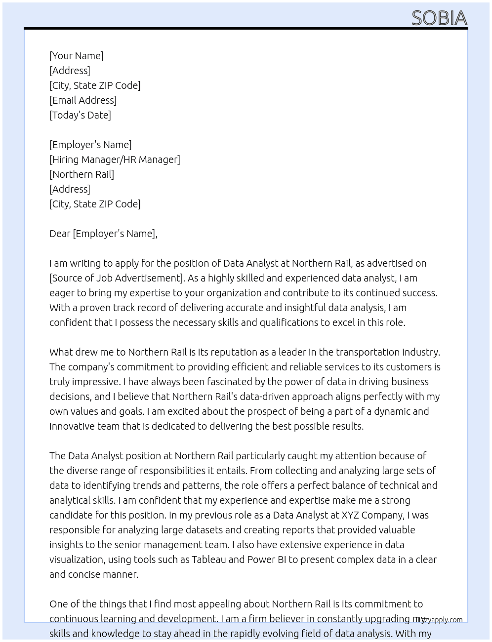 Data analyst At Northern Rail Cover Letter