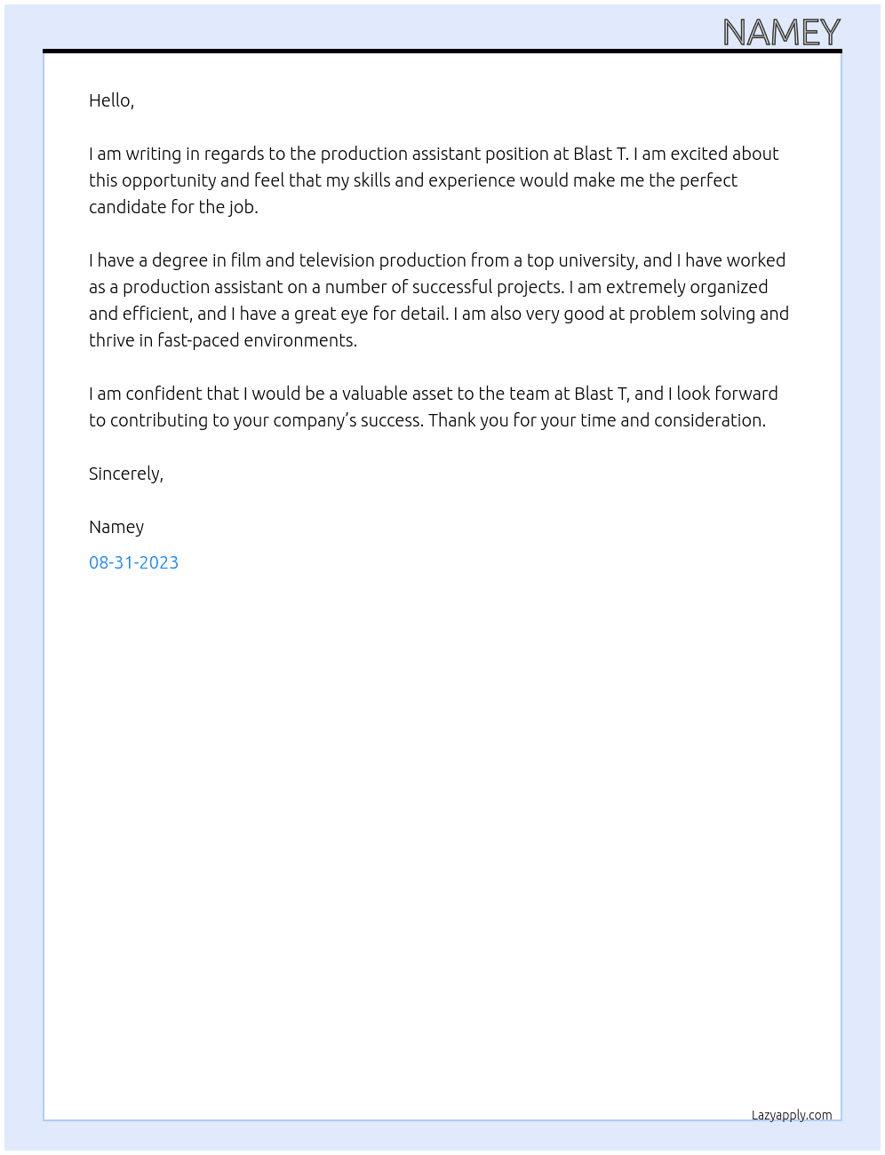 production assistant At blast t Cover Letter