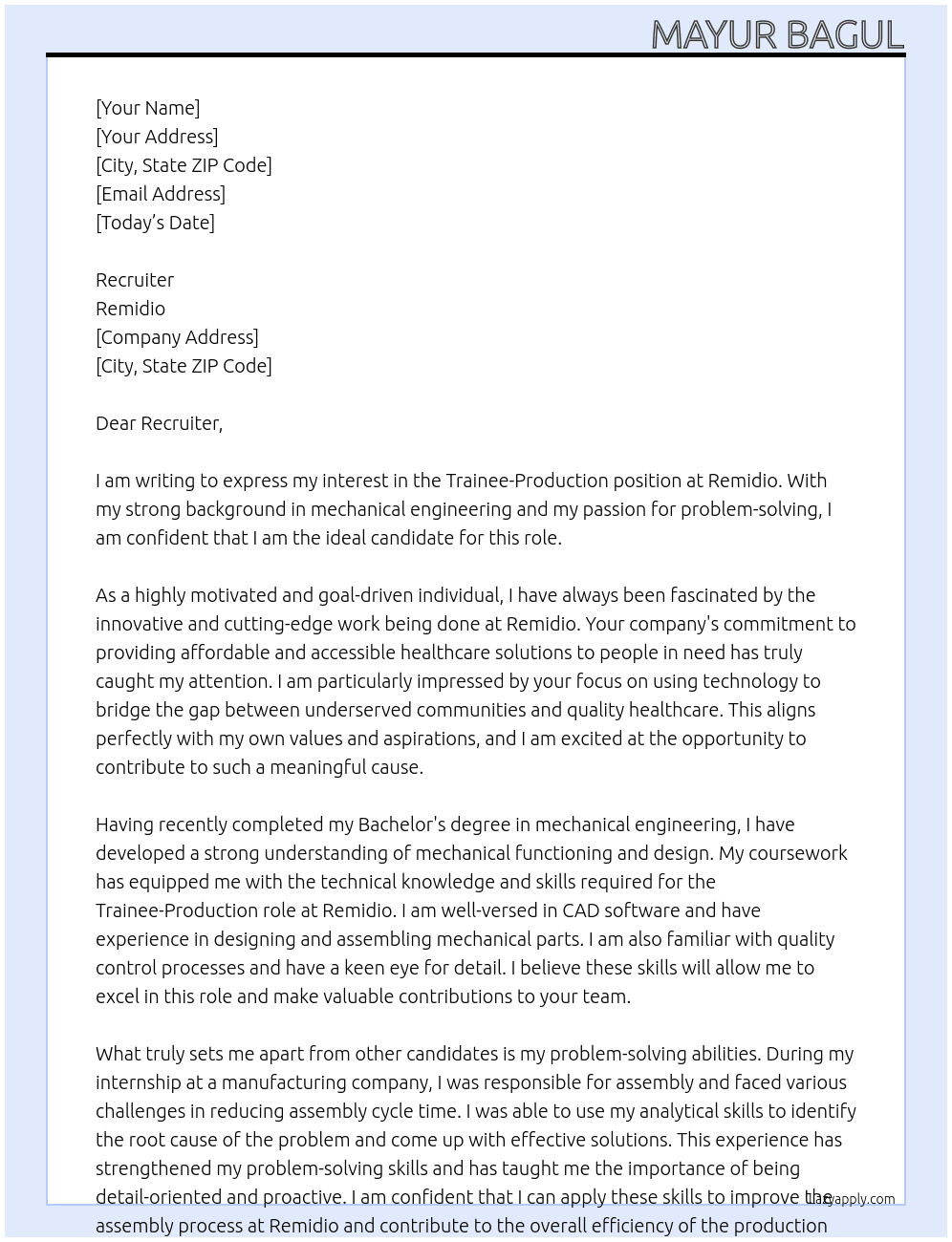 Trainee-Production At Remidio Cover Letter
