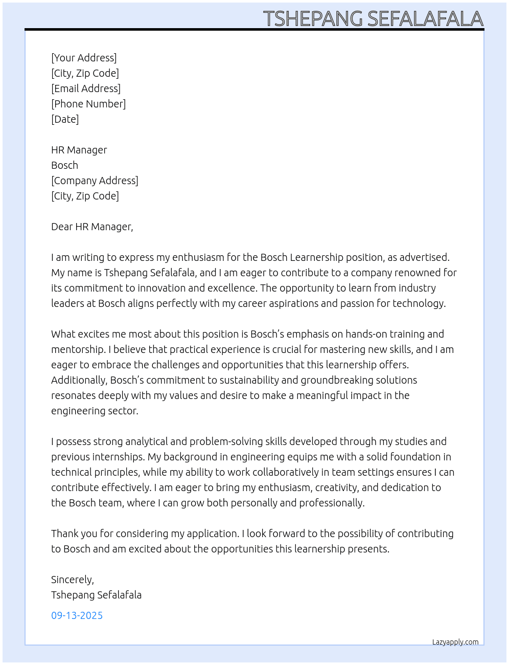 Cover letter for bosch learnership - LazyApply