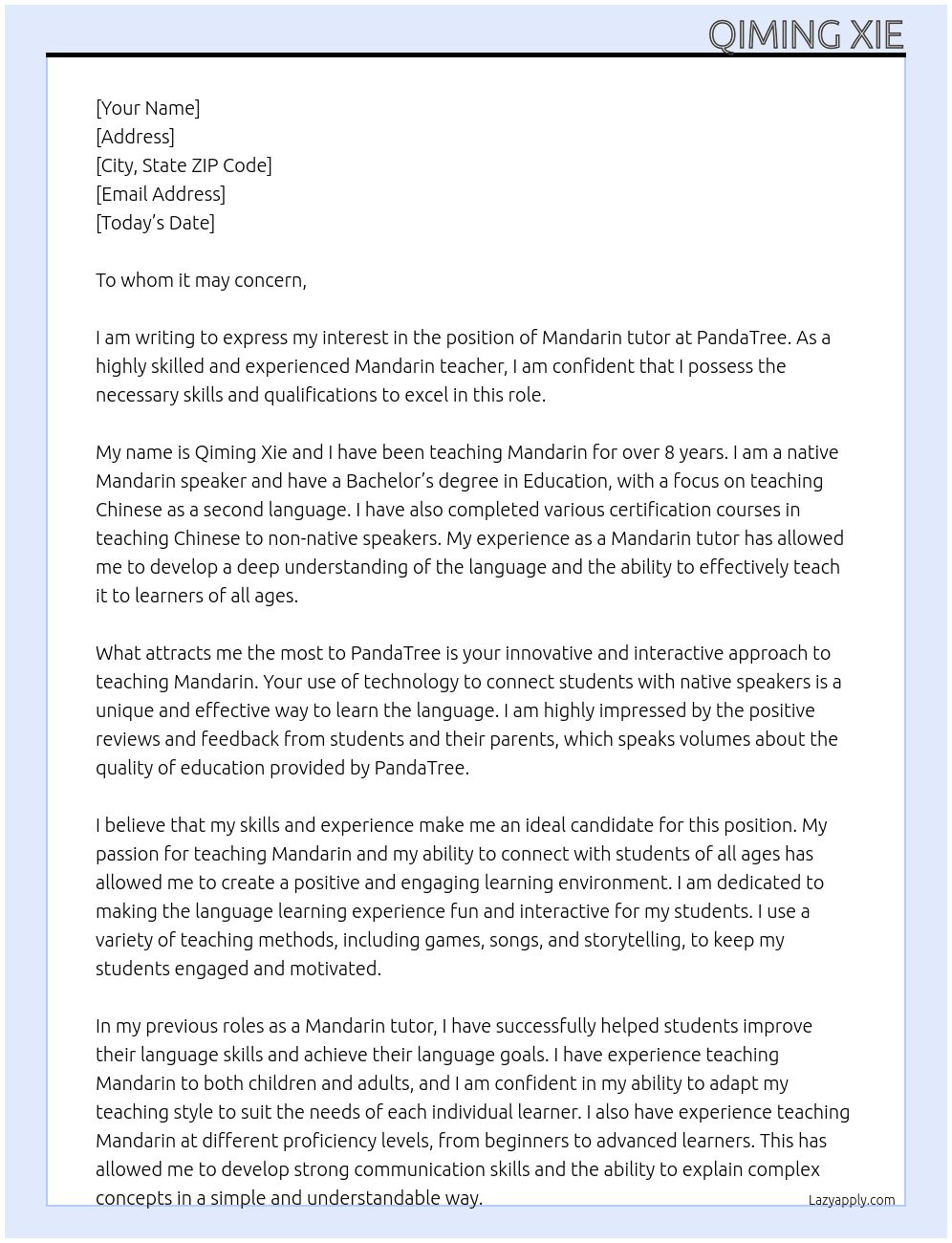 Mandarin tutor At PandaTree Cover Letter