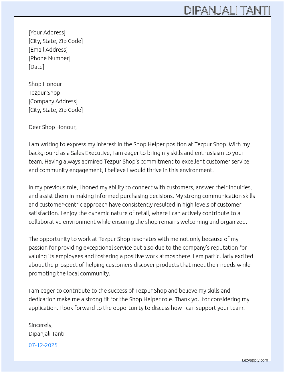 Shop helper At Tezpur shop Cover Letter