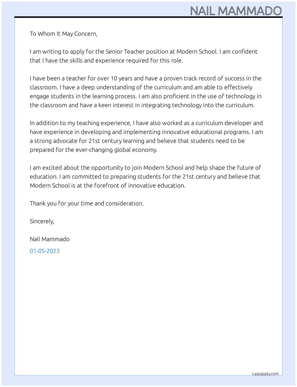 Senior teacher At Modern School Cover Letter
