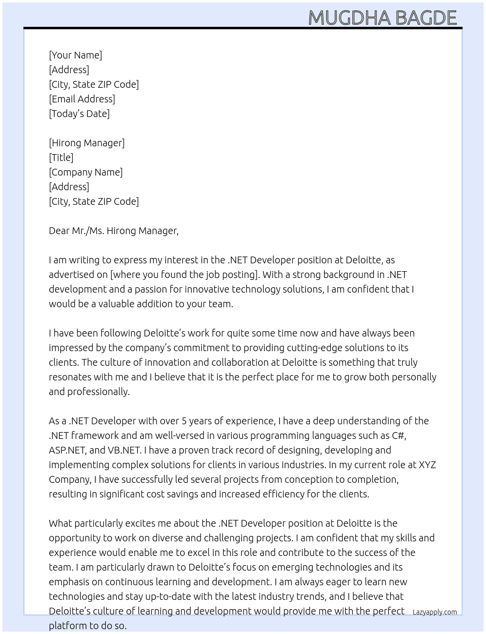 .net developer At Deloitte Cover Letter
