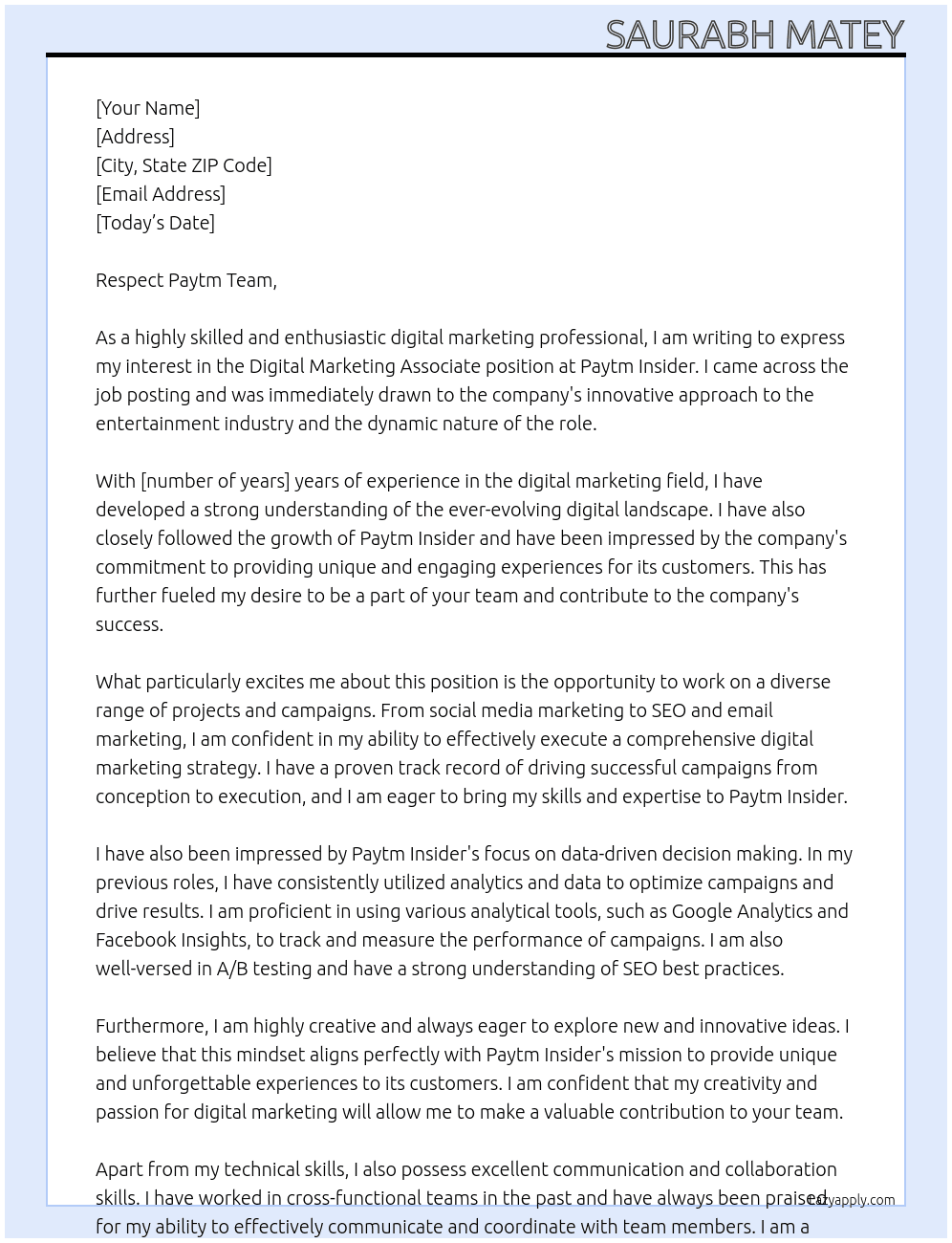 Digital Marketing Associate At Paytm insider Cover Letter