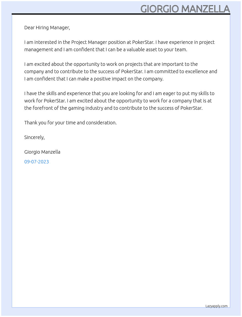 Project Manager At PokerStar Cover Letter