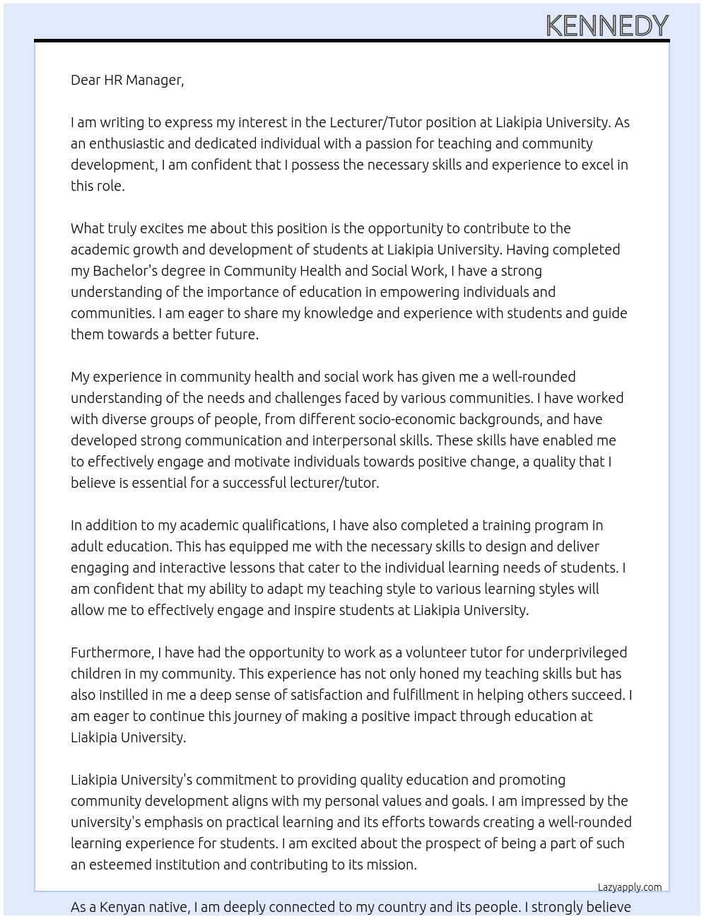 Lecturer/tutor At Liakipia university Cover Letter