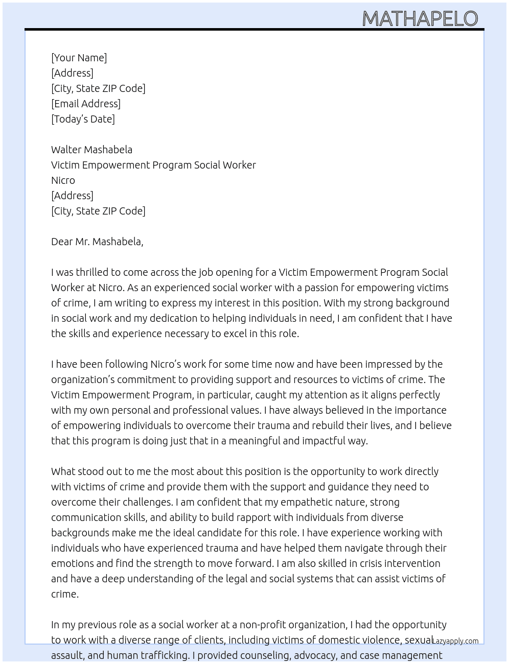 VIctim Empowerment Program Social Worker  At Nicro  Cover Letter
