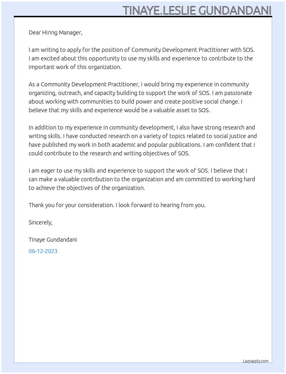 Community development practitioner At SOS Cover Letter
