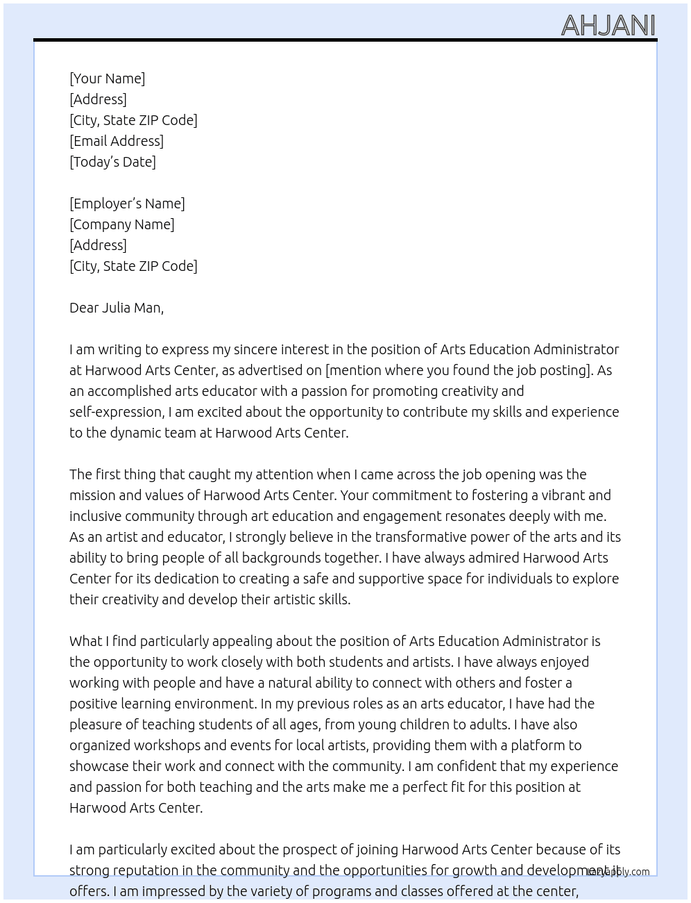 Arts Education Administrator At Harwood Arts Center Cover Letter