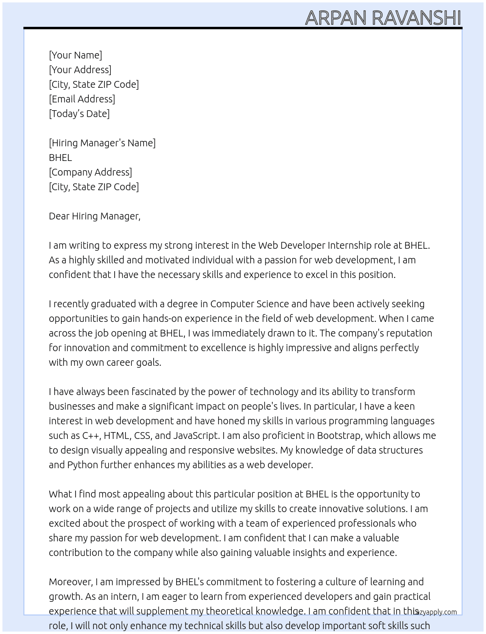 Web developer At BHEL Cover Letter