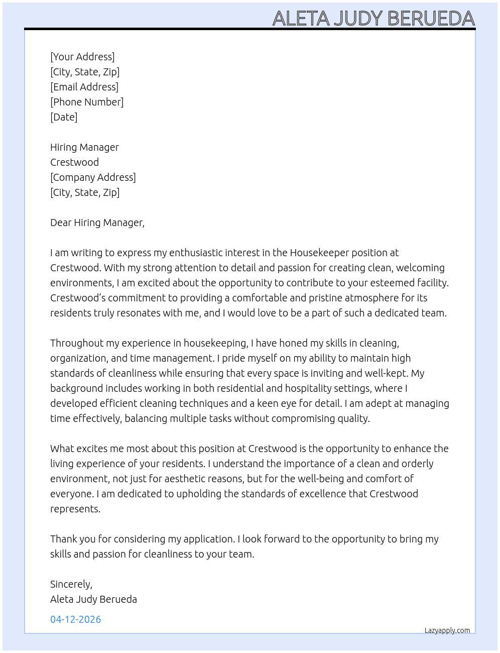 housekeeper At Crestwood Cover Letter