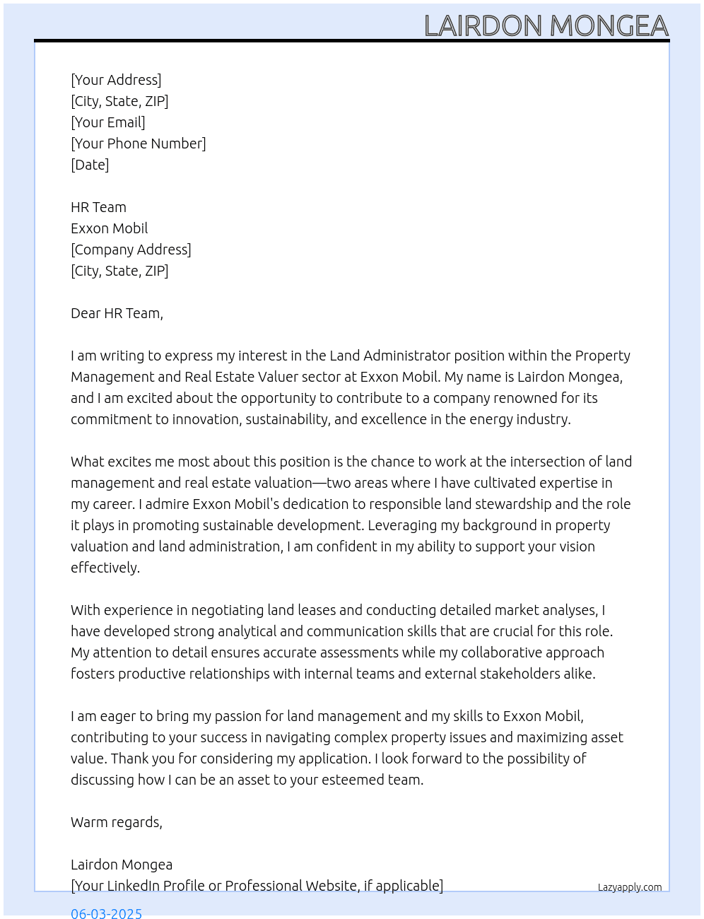 Land Administrator, Property Management, Real Estate Valuer At Exxon Mobil Cover Letter