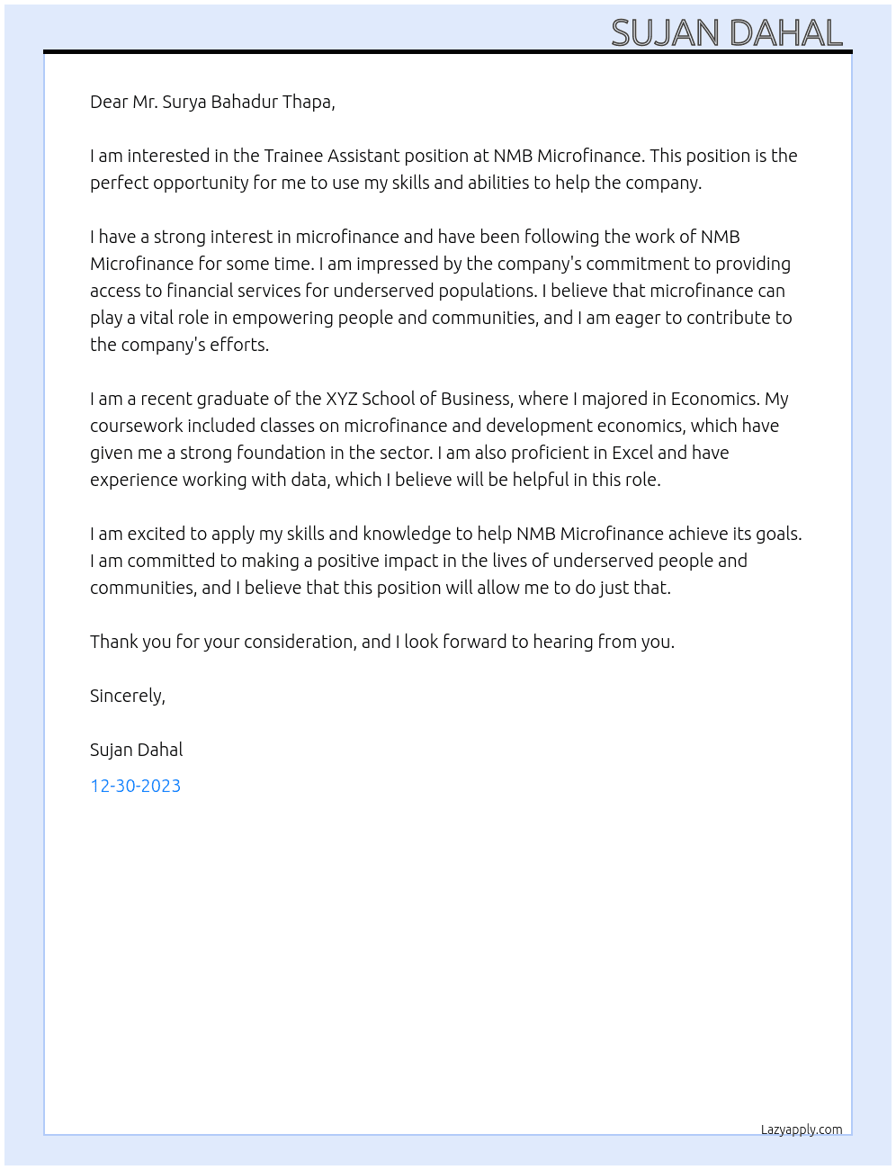 Trainee Assistant At  NMB Microfinance Cover Letter