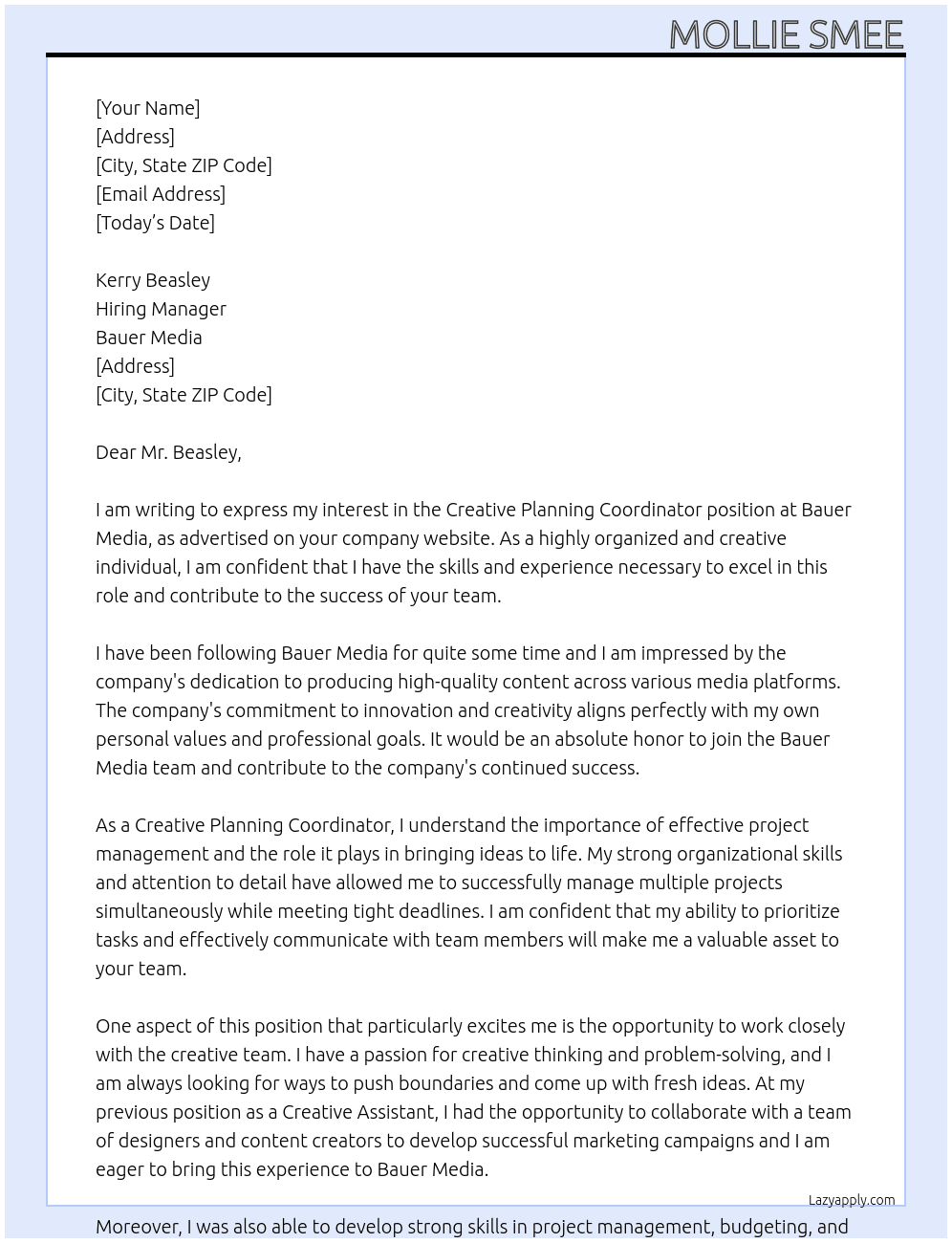 Creative Planning Coordinator At Bauer Media  Cover Letter