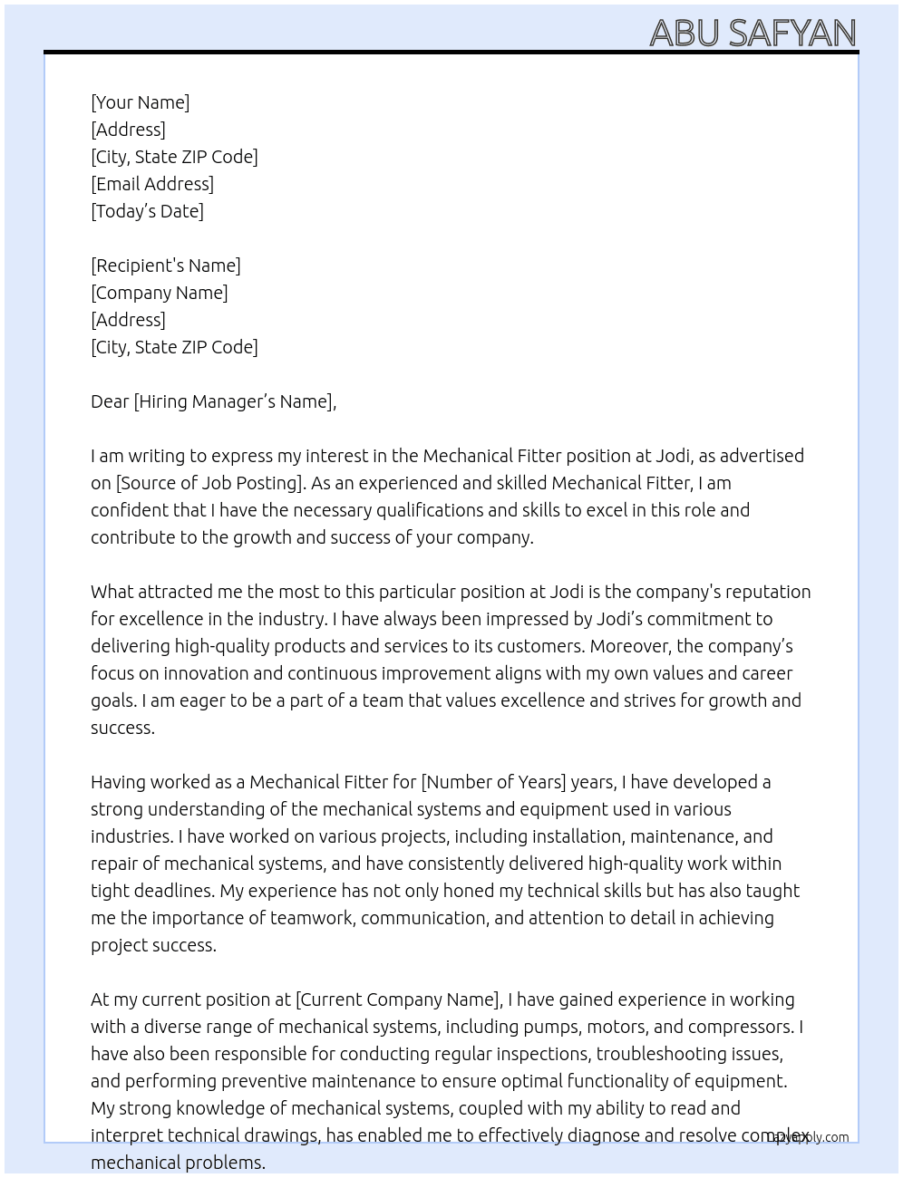 Mechanical fitter At Jodi  Cover Letter