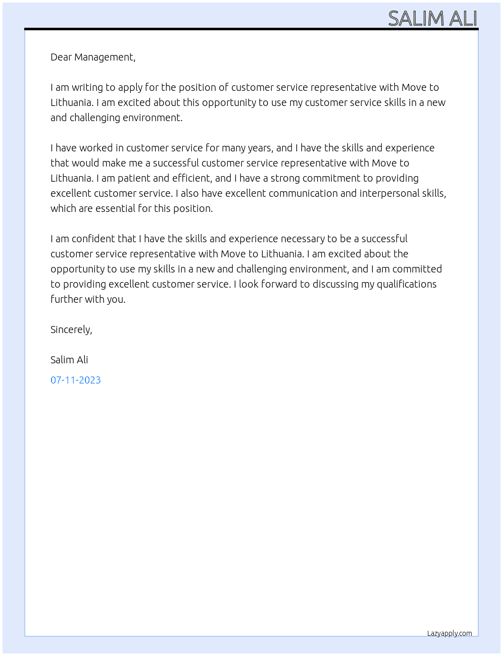 Customer service representative At Move to Lithuania  Cover Letter