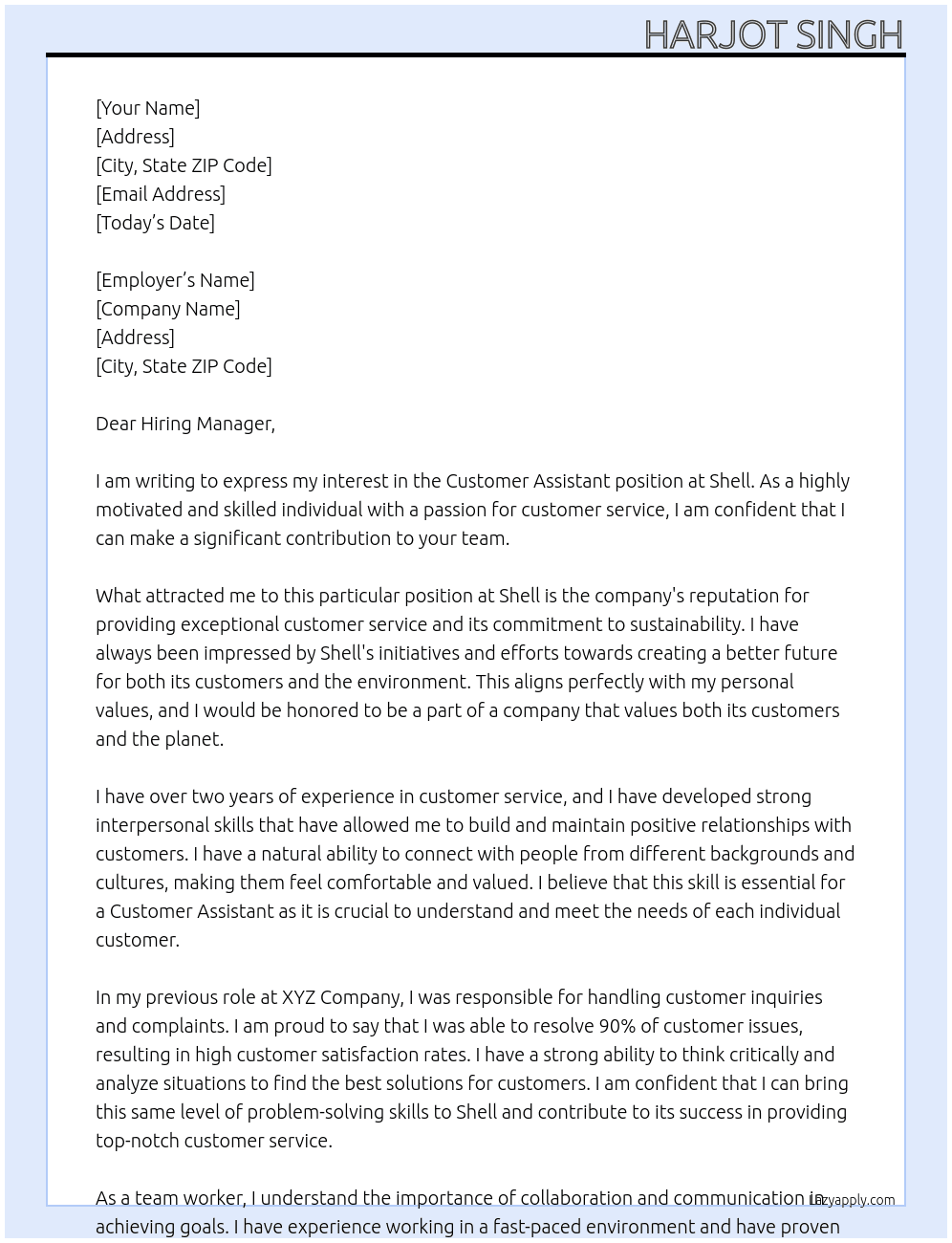 Customer Assistant At Shell Cover Letter