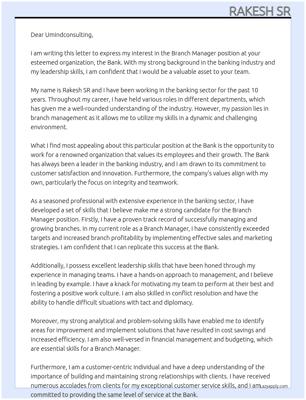 BRANCH MANAGER At BANK Cover Letter