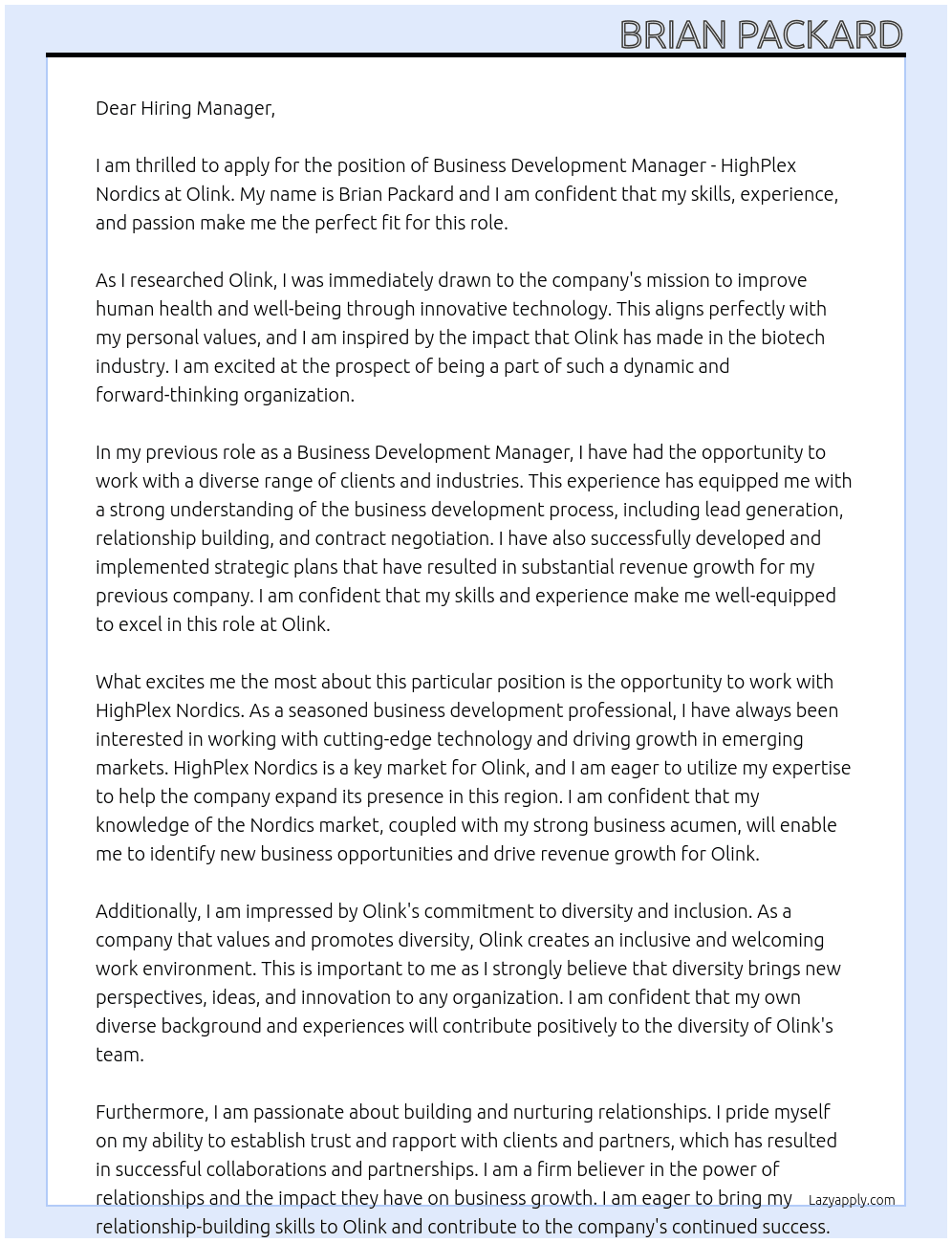 Business Development Manager - HighPlex Nordics At Olink Cover Letter