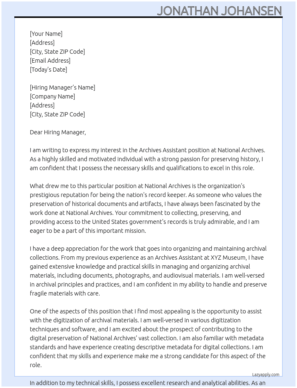 Archives Assistant At National Archives Cover Letter
