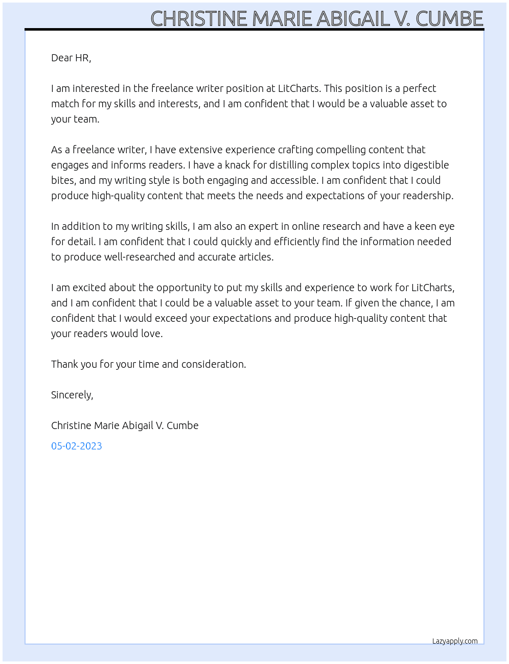 Freelance Writer At LitCharts Cover Letter