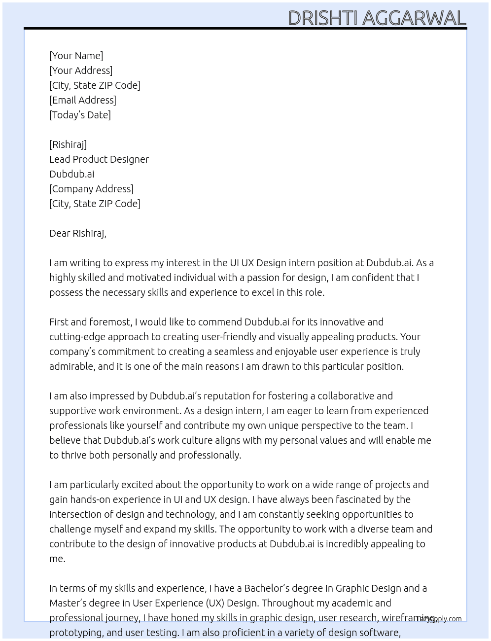 UI UX Design intern At Dubdub.ai Cover Letter