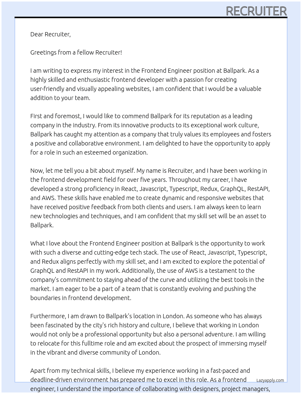 Frontend Engineer At Ballpark Cover Letter