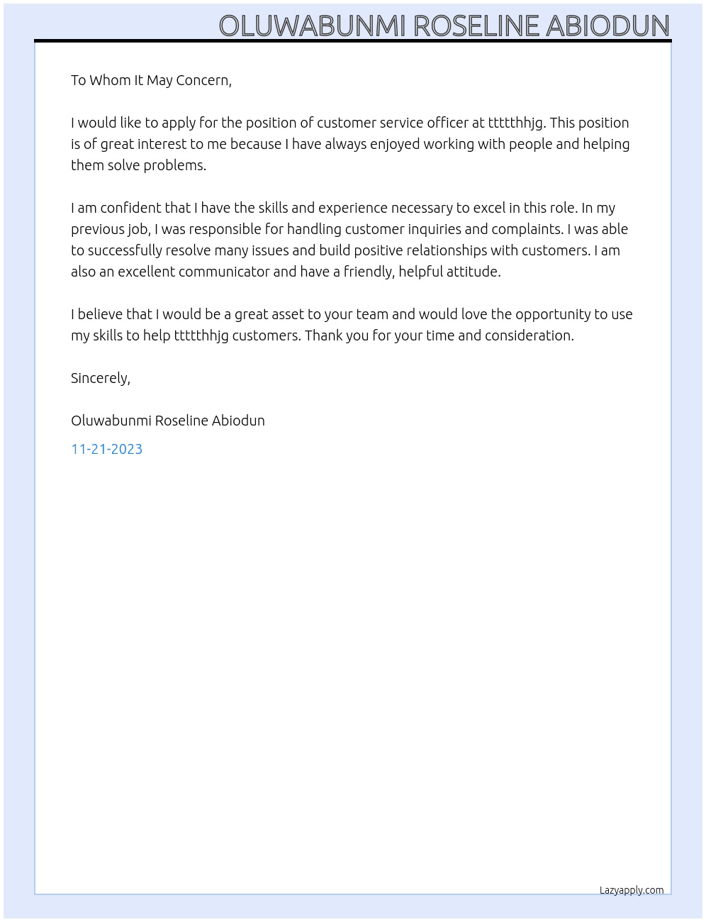 customer service officer At ttttthhjg Cover Letter