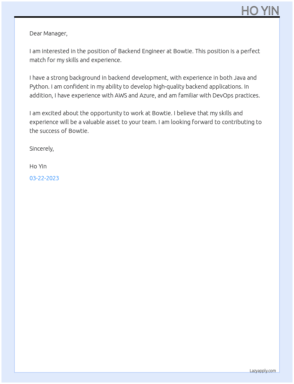 Backend Engineer At Bowtie Cover Letter