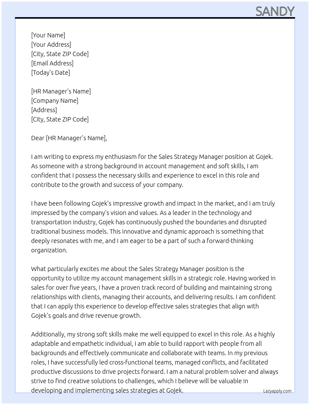 Sales Strategy Manager At Gojek Cover Letter