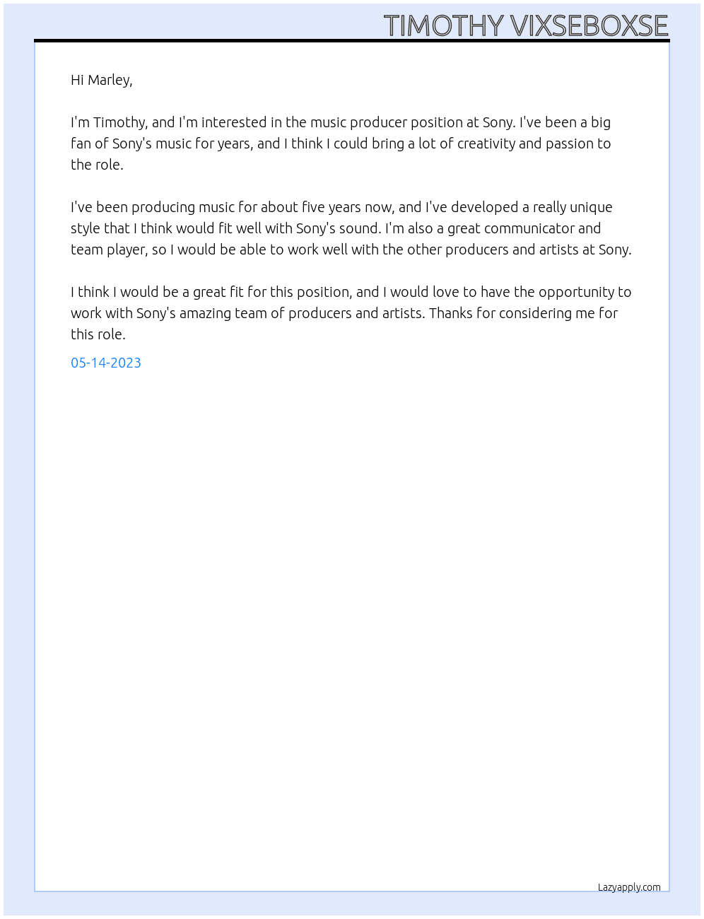 Music Producer At Sony  Cover Letter