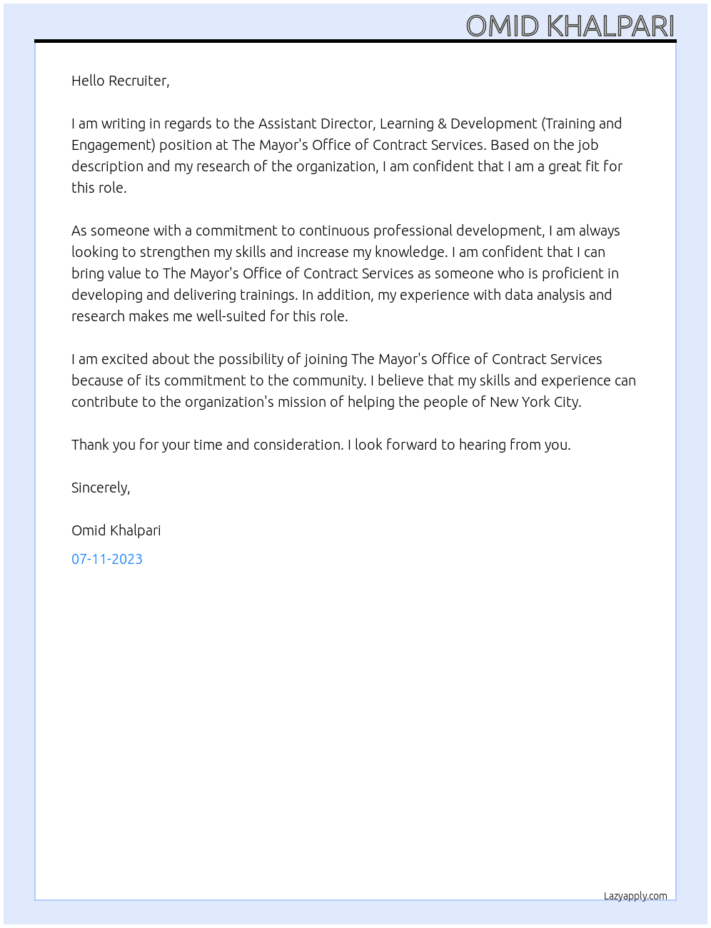  Assistant Director, Learning & Development (Training and Engagement) At The Mayor's Office of Contract Services Cover Letter