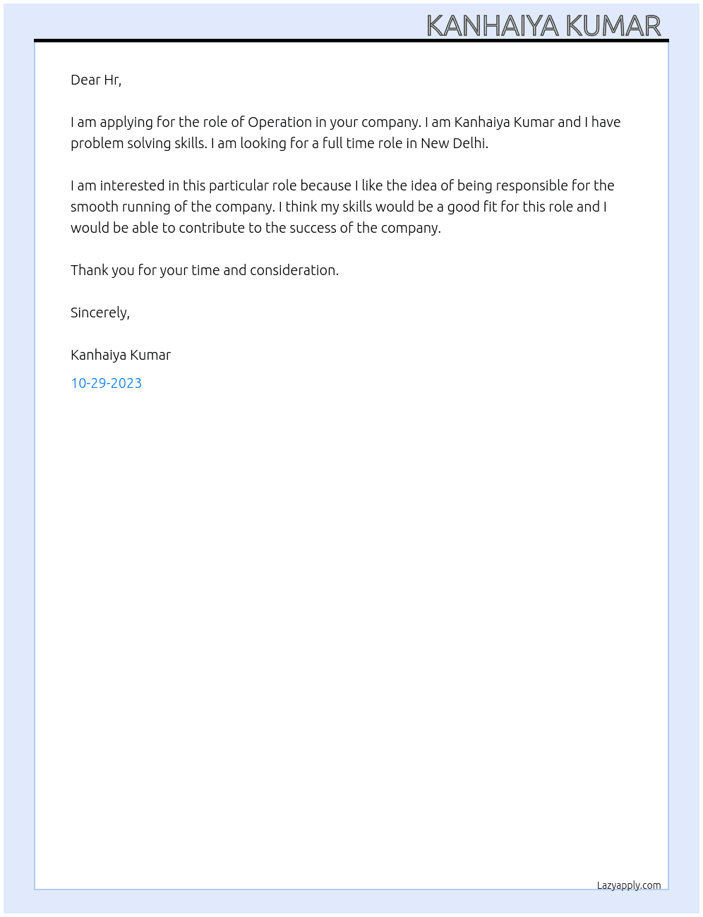 Operation  At Game test  Cover Letter