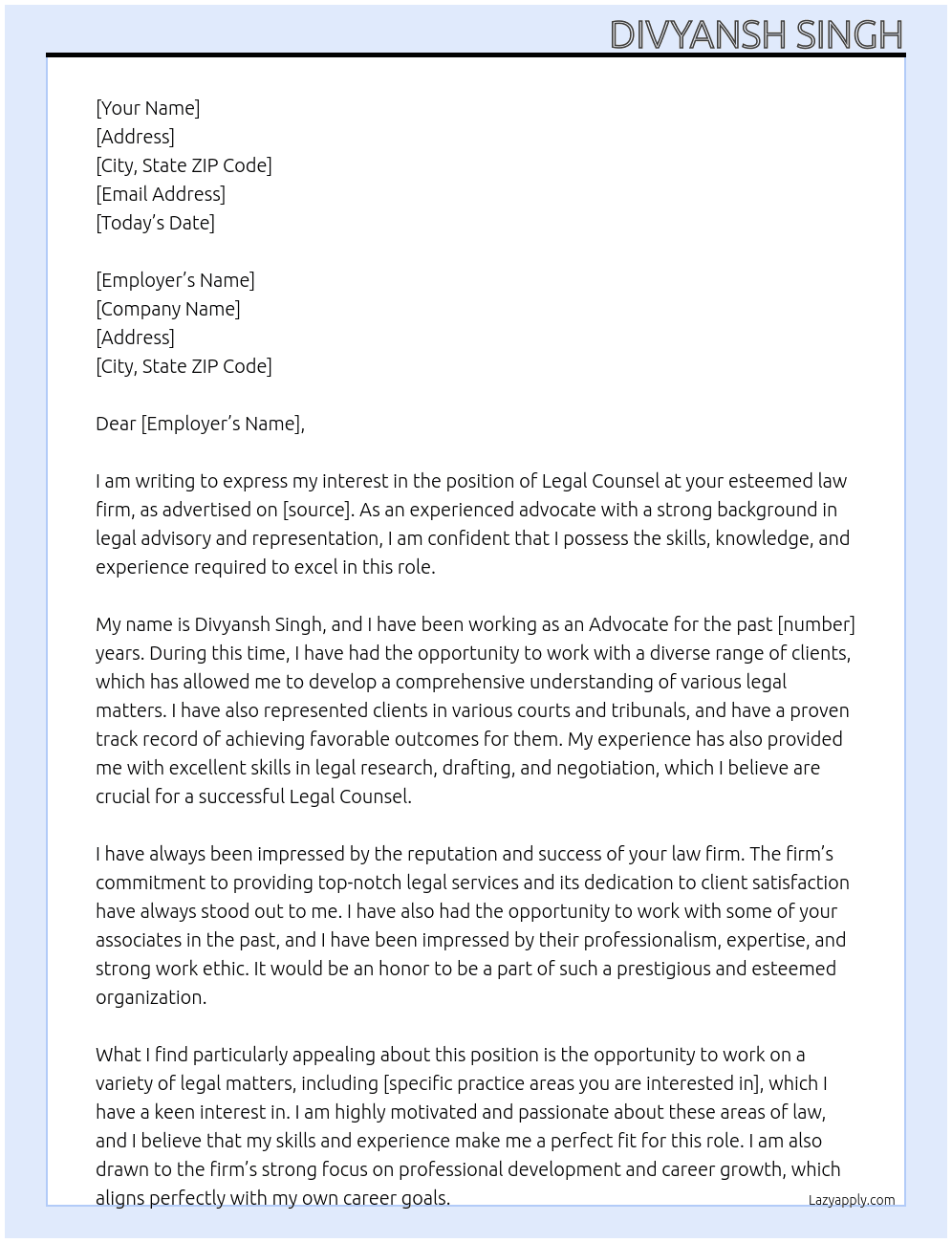legal counsel At law firm Cover Letter
