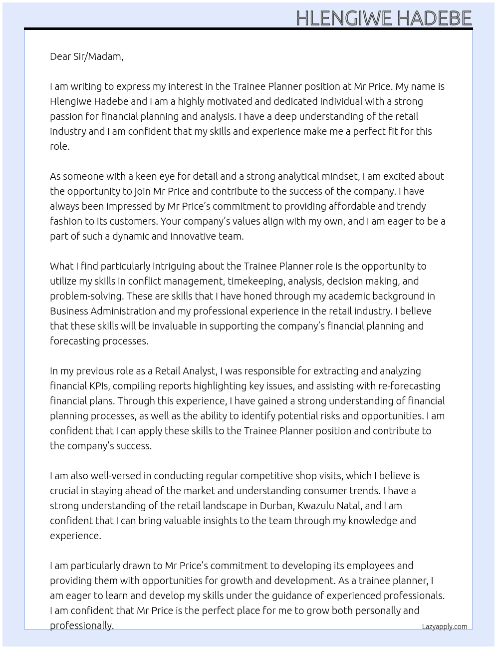 Trainee Planner At Mr Price  Cover Letter