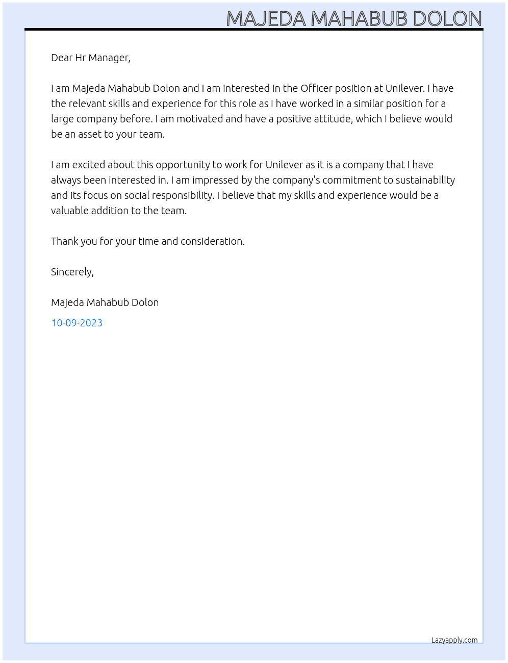 Officer  At Unilever  Cover Letter